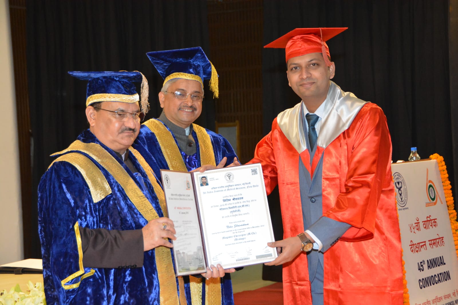 Dr. Nitin Shrivastava receiving 45th MCh convocation degree from former Indian Health Minister J.P. Nadda at AIIMS Delhi